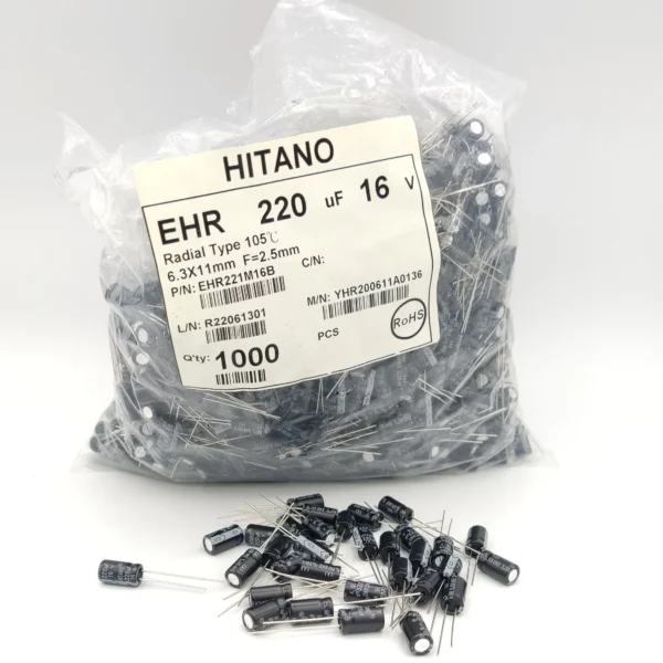 بسته‌بندی خازن الکترولیتی 220 میکرو فاراد 16 ولت مارک HITANO ساخت کشور تایوان